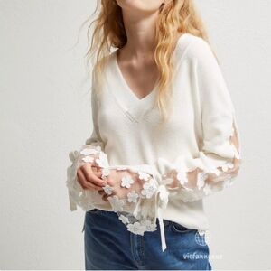 French Connection White V-Neck Sweater with Floral Lace